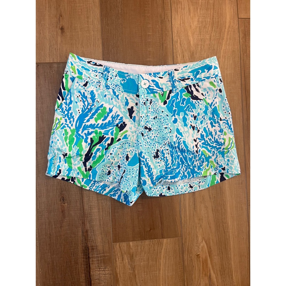 Lilly Pulitzer Callahan Shorts Blue Green Coral Reef Print Cotton Size 0